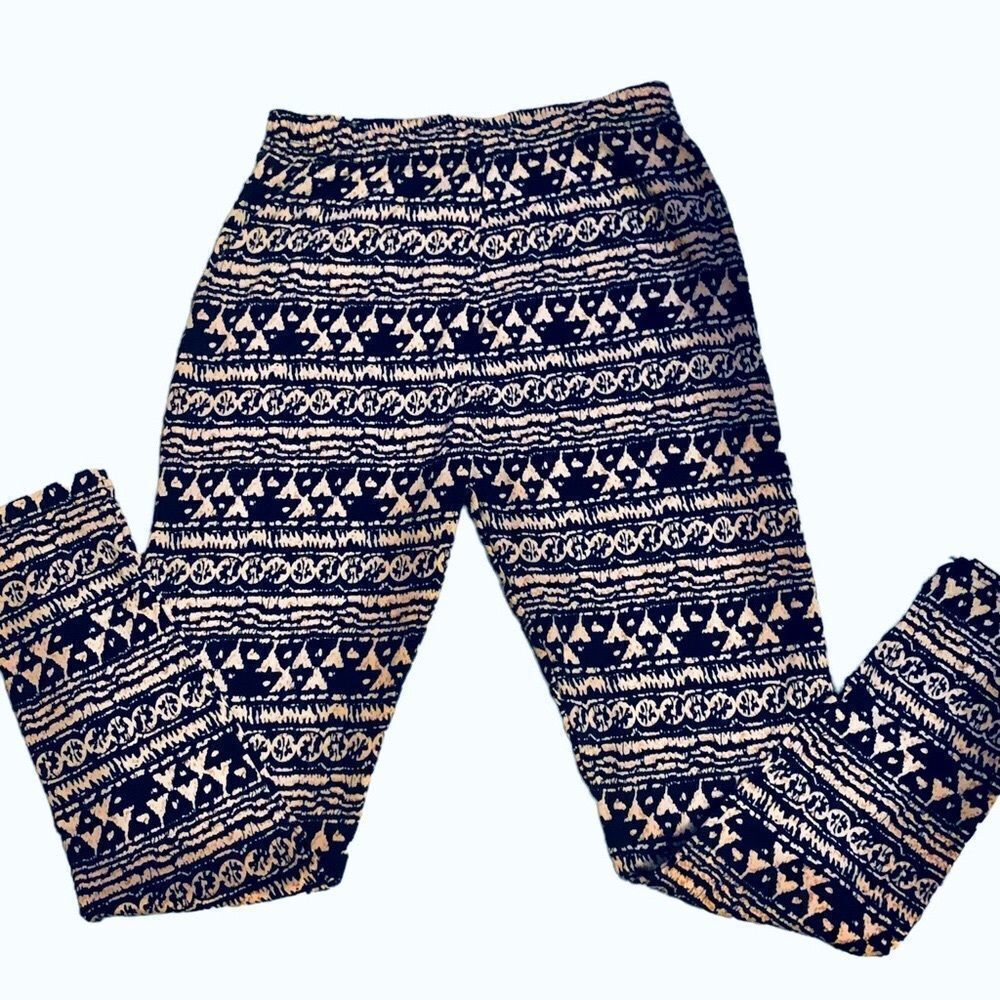 Chandly Navy Blue & Tan Abstract Print Fleece Lined Leggings Size Medium